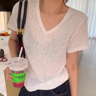 T恤上衣韩系宽松亚麻棉 女士休闲洋气减龄V领短袖 现2025春夏季 新款