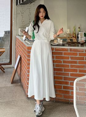 现韩国代购春季女士白色卫衣百褶长裙套装ins洋气潮时尚高腰简约