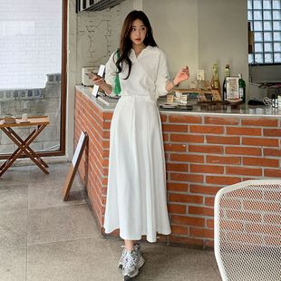 现韩国代购春季女士白色卫衣百褶长裙套装ins洋气潮时尚高腰简约