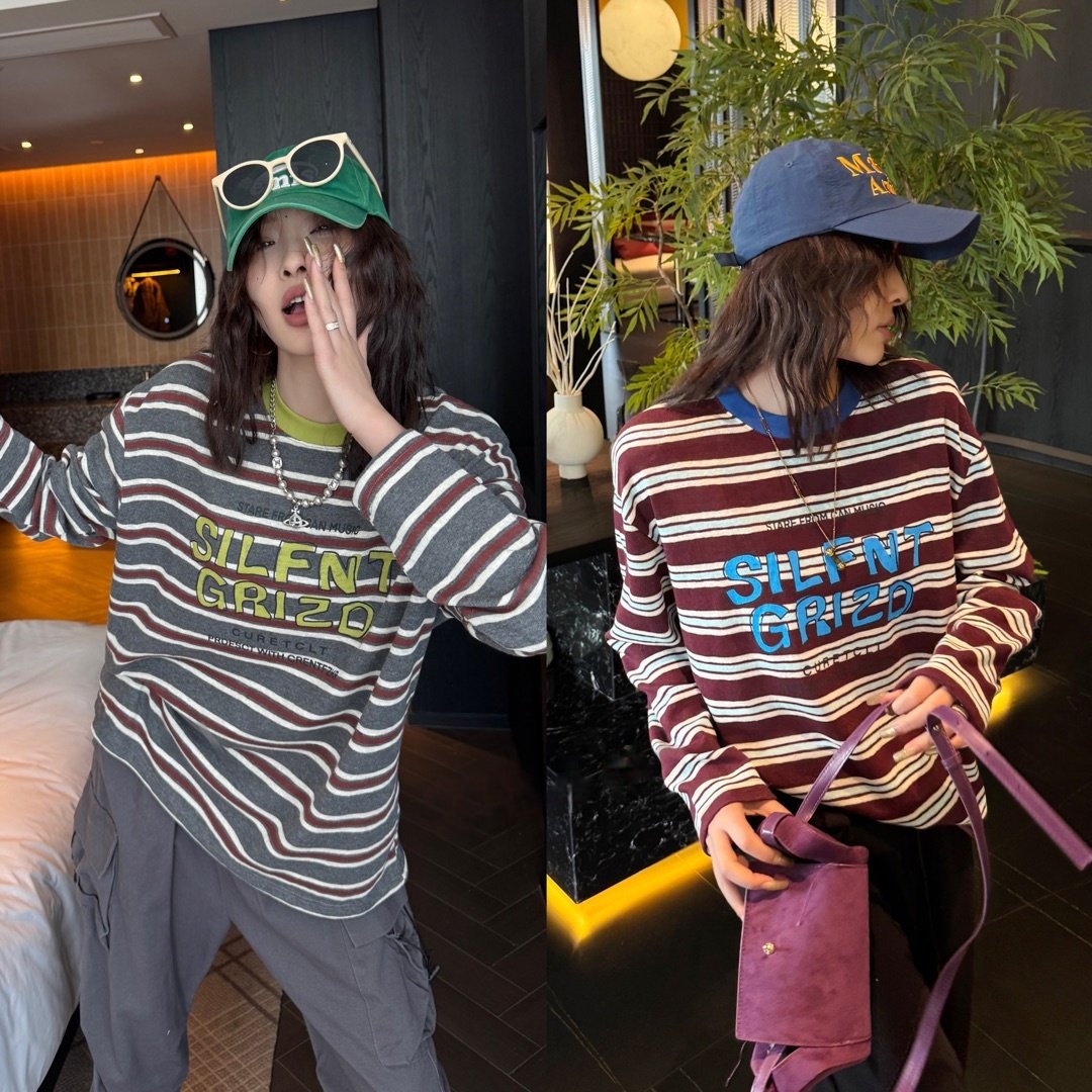 现2026春季美式慵懒风条纹字母印花长袖T恤女宽松减龄复古休闲棉,女装/女士精品,T恤,淘宝优惠券,粉丝福利购,淘宝优惠卷