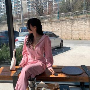 韩国东大门代购女雪花棉休闲连帽短款卫衣长裤套装阔腿老爹裤洋气