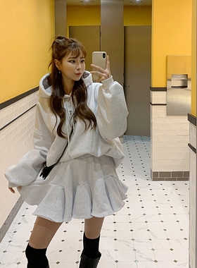 定制韩国连帽卫衣女春秋棉新款韩版宽松慵懒风上衣裤裙套装麻白色