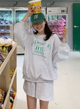 现韩国代购春夏女士字母印花宽松休闲运动麻白色T恤短裤套装简约