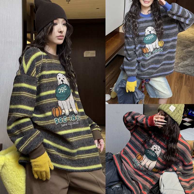 现秋冬季女美式卡通风条纹小狗图案毛衣女宽松加厚厚实针织衫洋气