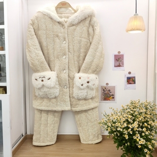 香蜜闺秀加厚开扣方领连帽25403082女士可爱优雅夹棉长袖 甜美 套装