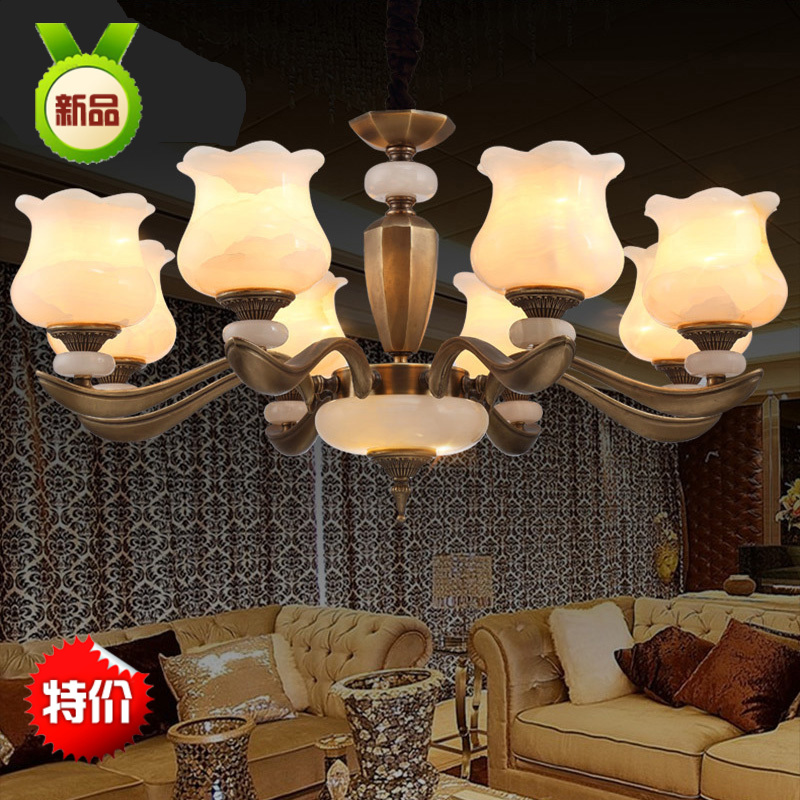 美式复古全铜天然玉石灯别墅洋楼自建房客厅吊灯餐厅书房卧室灯具