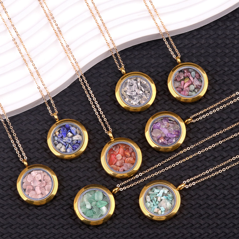 2179-天然水晶玛瑙石碎石不锈钢嘎乌盒项链可打开吊坠锁骨链饰品