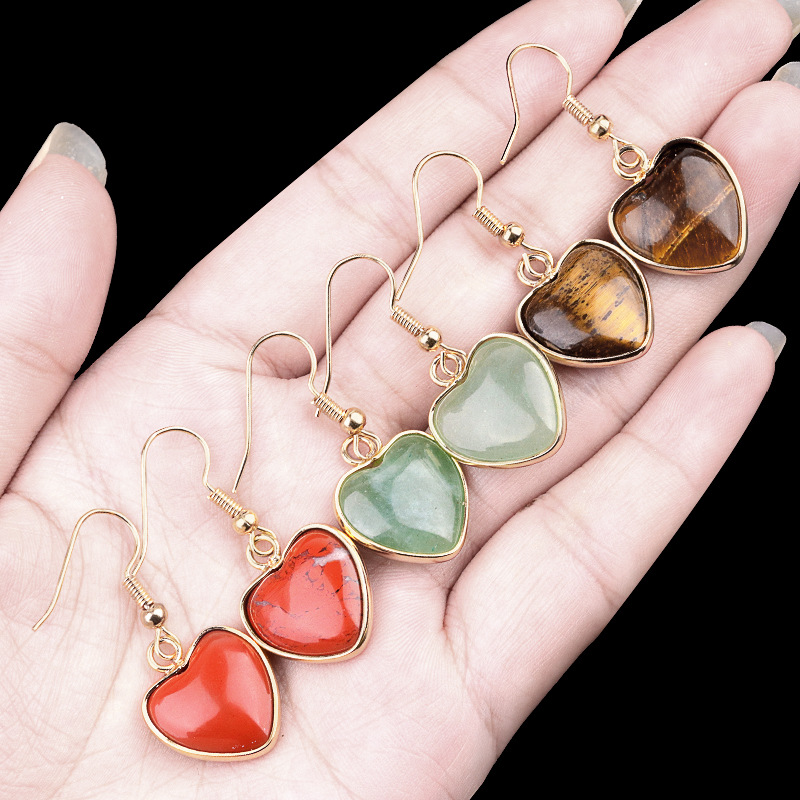 2086-天然水晶玛瑙石爱心耳环宝石耳坠轻奢欧美Temu饰品耳钉批发