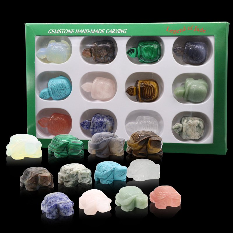 294-水晶玛瑙半宝石2英寸雕刻乌龟动物摆件12色套装跨境货源厂家