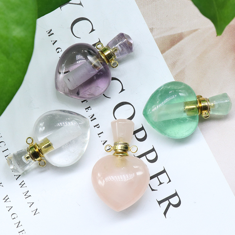 水晶爱心香水瓶吊坠 白水晶粉晶紫水晶 萤石 精油瓶吊坠 跨境热卖