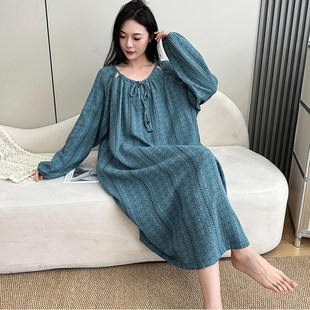 2025秋季新款纯棉长袖睡裙女士薄款加肥大码家居裙双层纱布休闲裙