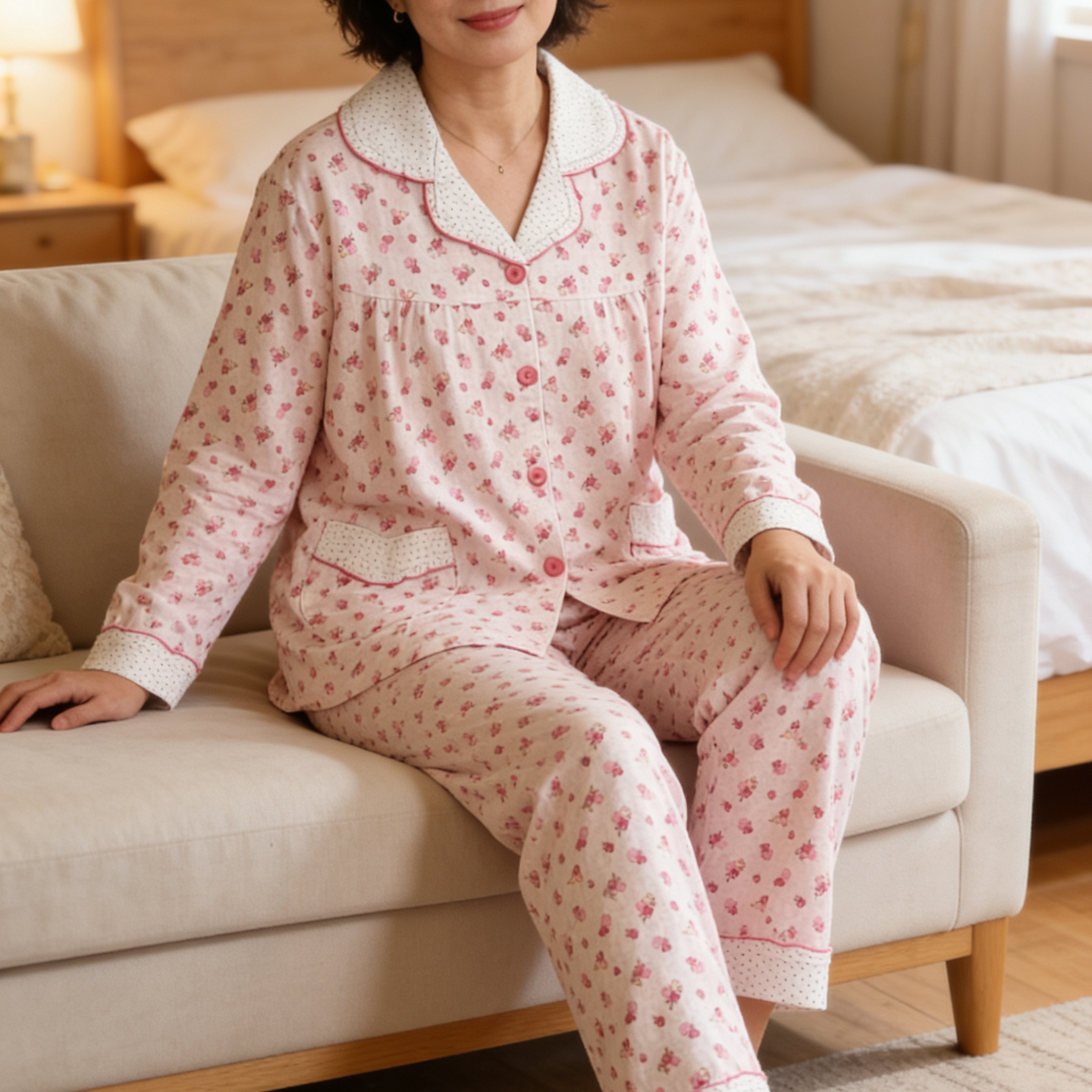 佐思曼春秋季纯棉女士长袖加肥大码睡衣孕妇可调腰中年家居服套装