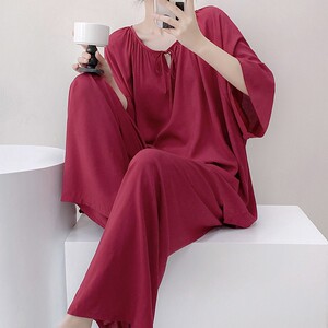 夏季清凉短袖长裤加肥棉绸睡衣女