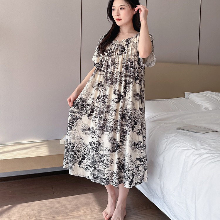 夏季大码莫代尔睡裙薄款短袖家居裙中长女甜美休闲裙加肥胖m200斤