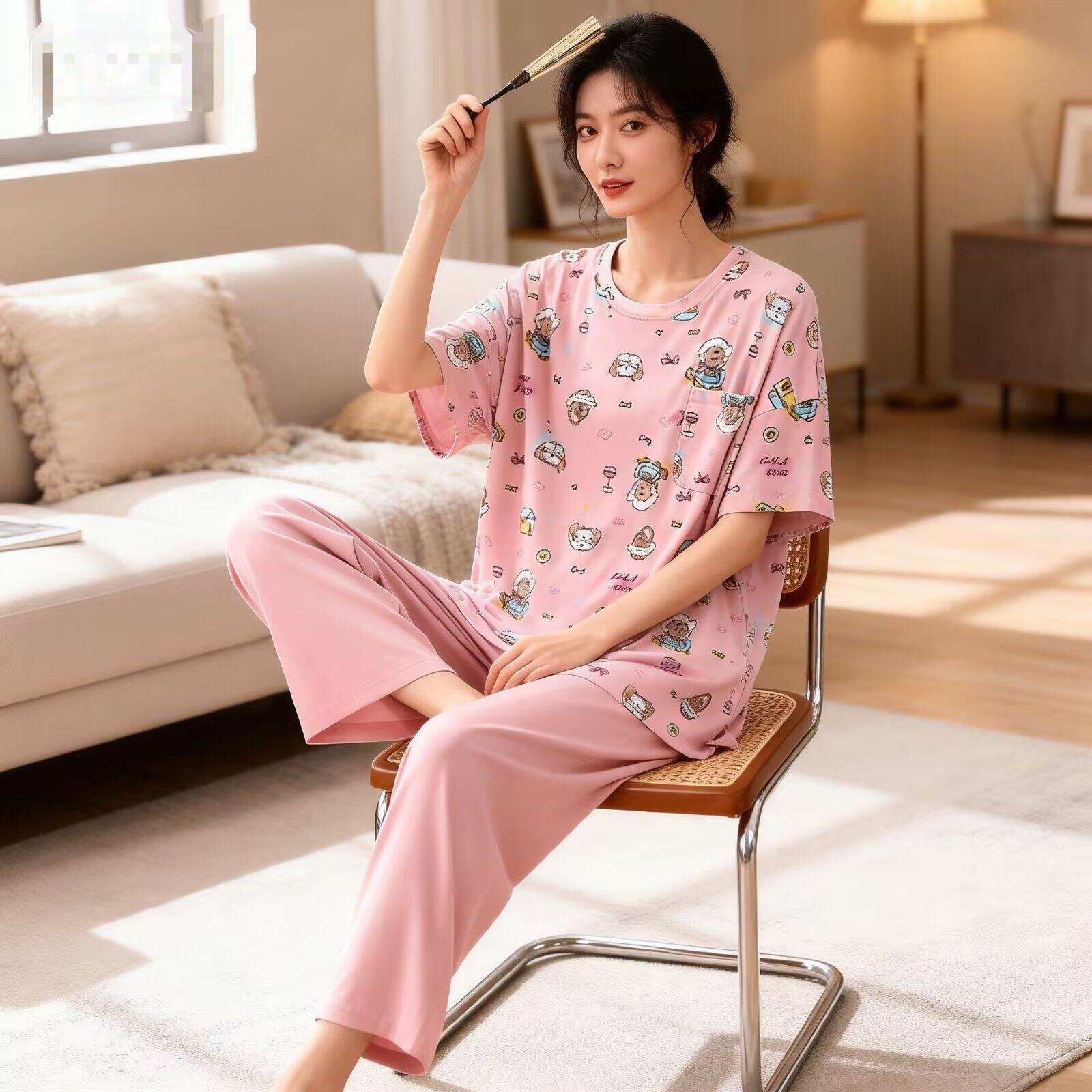 春夏季女针织纯棉短袖长裤睡衣