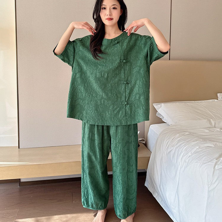春夏大码纯棉睡衣女中式宽松套装