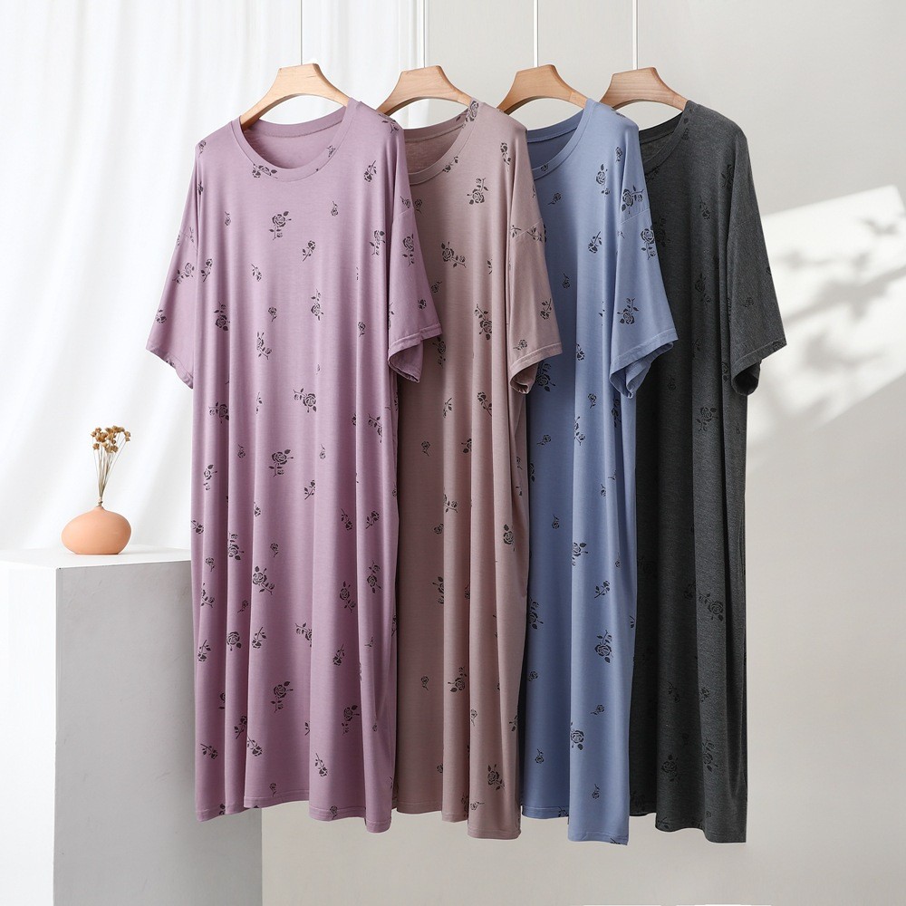 夏季新款莫代尔加肥睡裙女圆领短袖睡衣宽松大码家居服中老年薄款