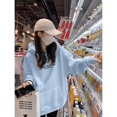 雾霾蓝连帽卫衣女中长款2025年春秋新款加绒加厚外套宽松显瘦上衣