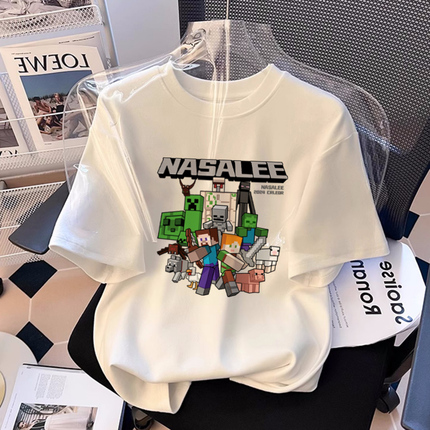 Minecraft T-Shirt Kidsren's White Short-Sleeved Pure Cotton 2026 New Style Medium and Large Kidsren's Summer Boys' Shorts Two-Piece Set