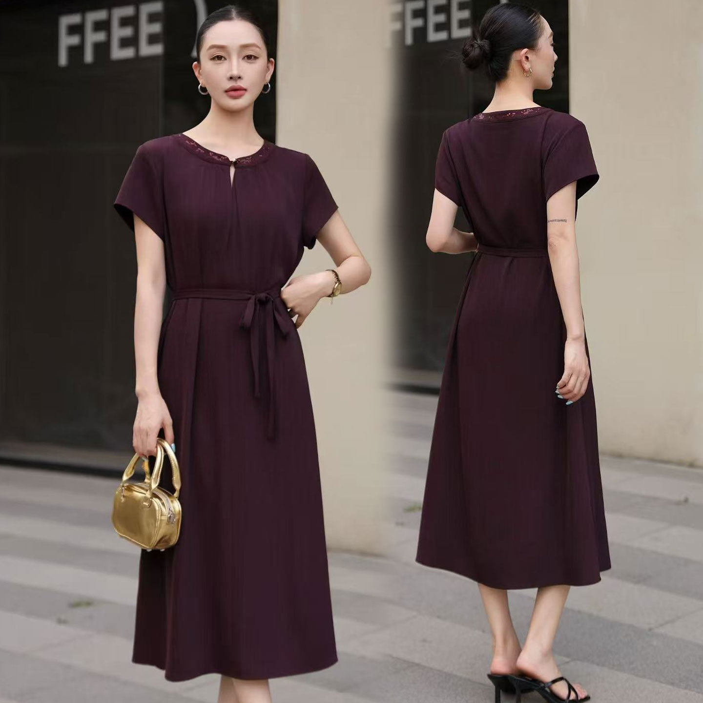 洋气时尚短袖连衣裙中青年女装2026夏季新款气质系带中年妈妈长裙