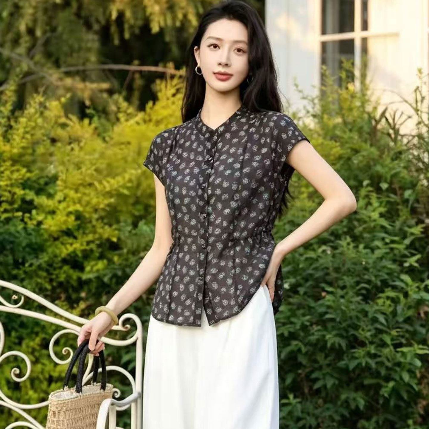 中青年女装时尚短袖小衫2026新款印花文艺经典衬衣凉爽衬衫小个子