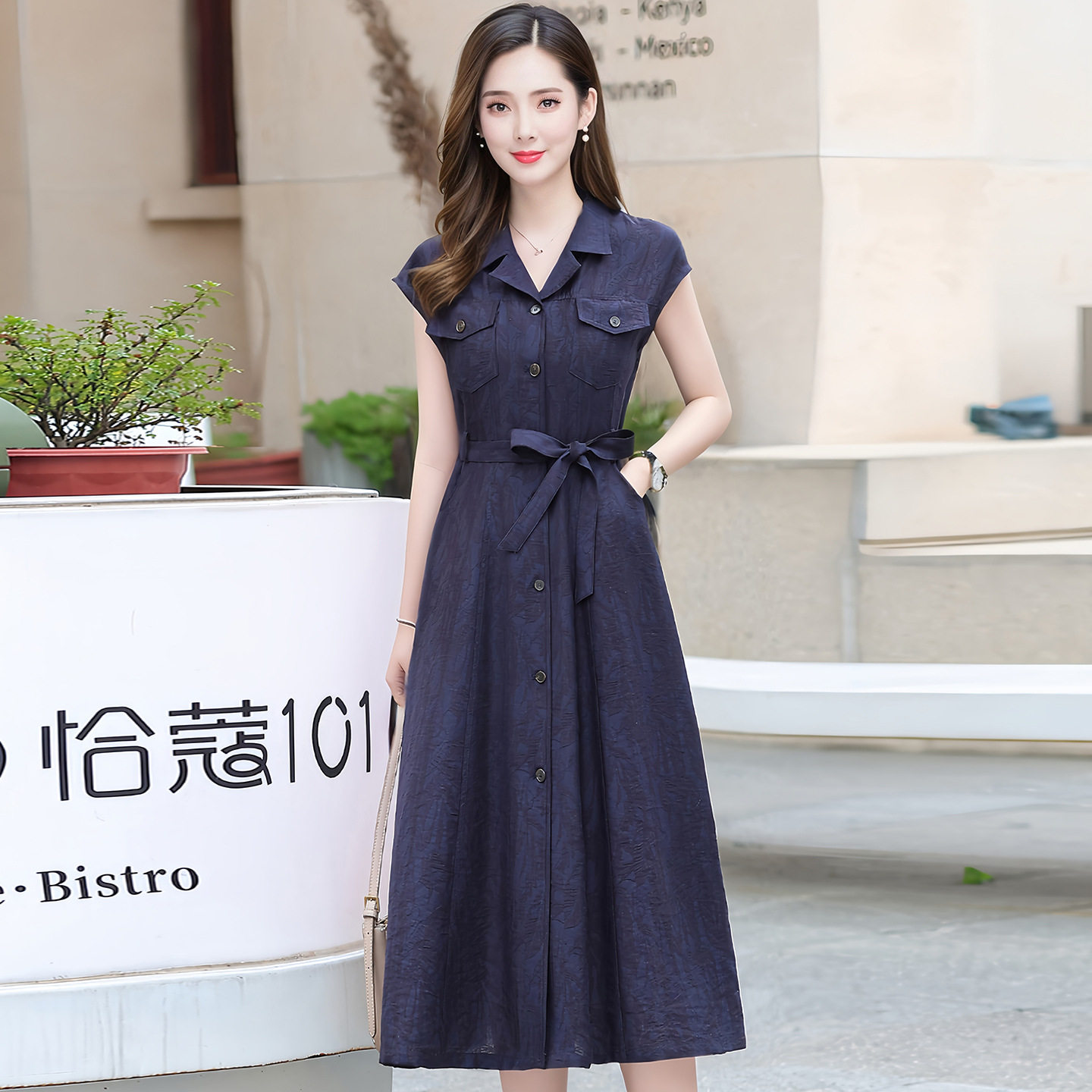 中青年女装时尚天丝过膝长裙2026夏新款气质短袖连衣裙中年妈妈装