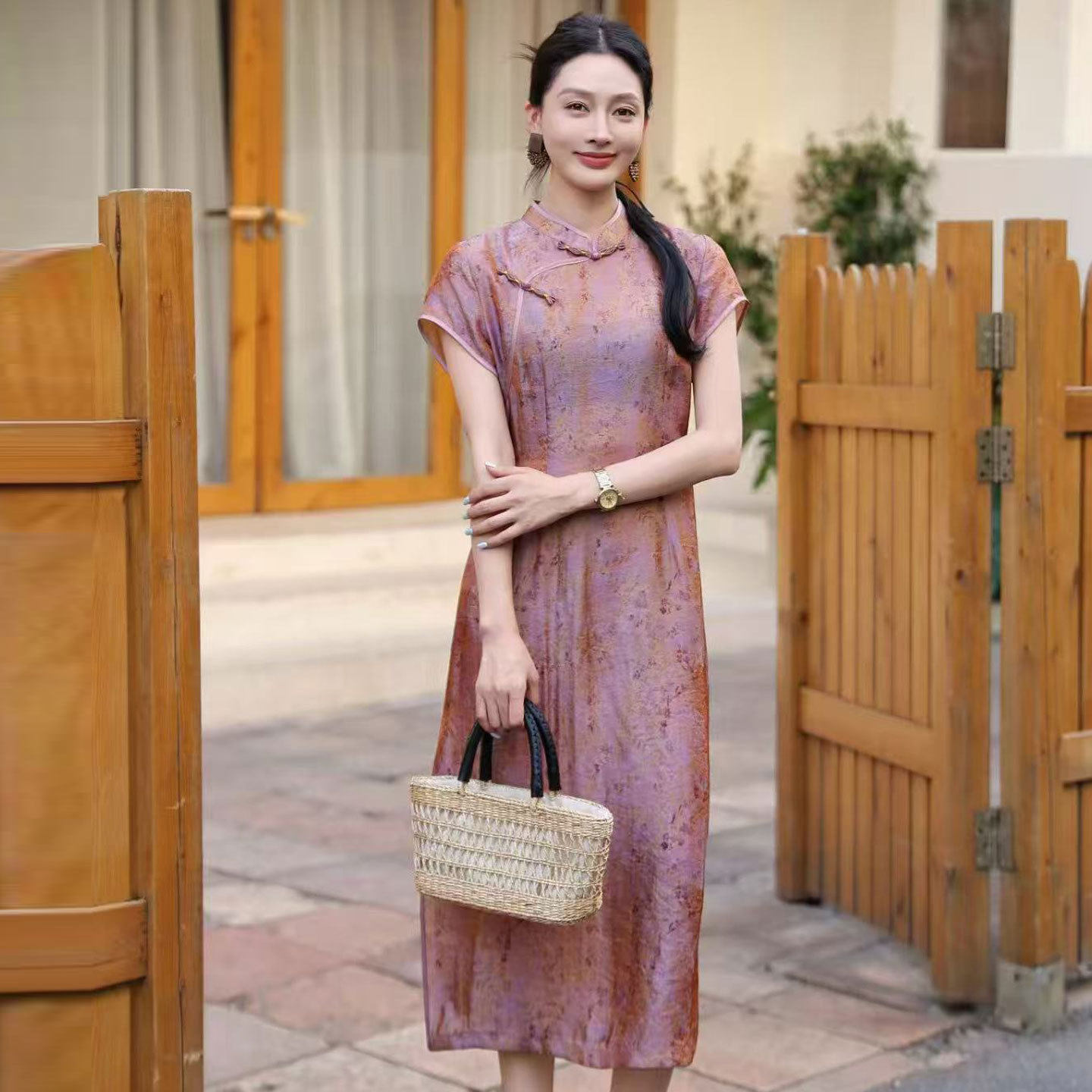 2026夏季新款新中式国风短袖连衣裙盘扣提花中青年妈妈装过膝长裙