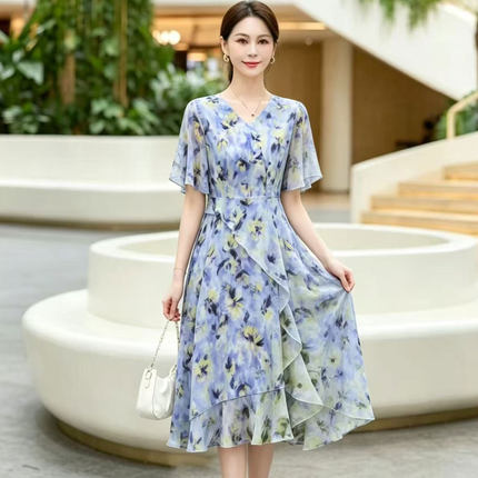 中年妈妈装时尚气质印花斜裁收腰短袖连衣裙夏季优雅垂感过膝长裙