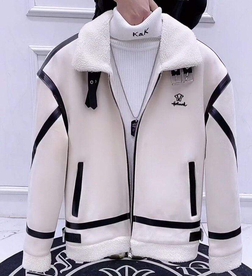 冬季新款皮毛一体男士皮衣加绒加厚羊羔毛亚面韩版机车服时尚潮流