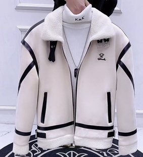 冬季新款皮毛一体男士皮衣加绒加厚羊羔毛亚面韩版机车服时尚潮流