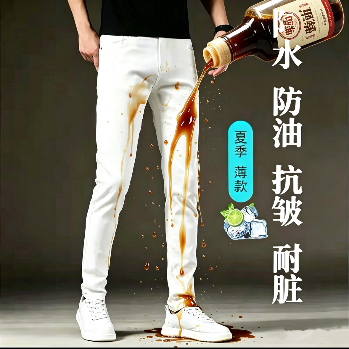 香港三防白色牛仔裤男款修身小脚2026新款春秋款弹力休闲长裤子