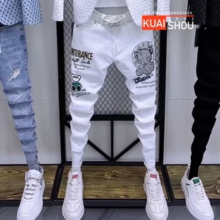 牛仔裤男弹力修身显瘦小脚裤欧洲站破洞休闲刺绣精神小伙痞帅裤子