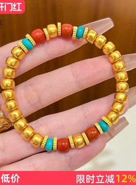 女沙金古法錾刻老型珠南红手链