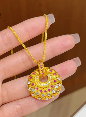 女沙金点钻唐彩菱红刚玉吊坠项链