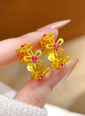 沙金镂空红宝花戒指镶嵌拉丝花朵