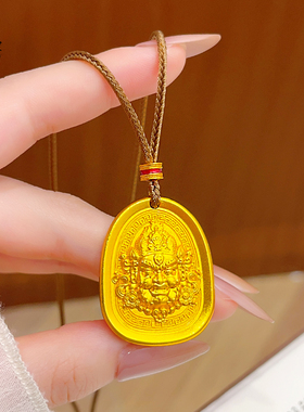 古法沙金黄财神锤纹吉言牌项链女