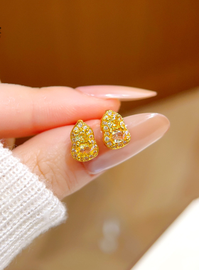 沙金黄水晶葫芦耳钉耳饰满钻福禄