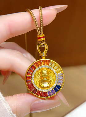 沙金多彩点钻财神圆牌项链女送礼