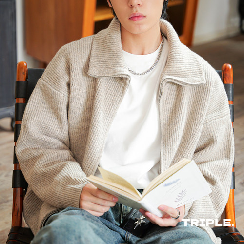 TRIPLE拉链开衫重磅高领毛衣男秋冬季日系针织衫高级感外套加厚