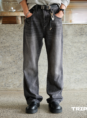 TRIPLE美式复古水洗做旧黑色牛仔裤直筒百搭长裤cleanfit男女同款