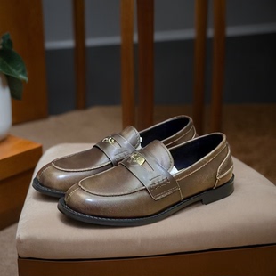 一脚蹬小皮鞋 女新款 真皮平底单鞋 复古做旧擦色头层牛皮金币乐福鞋