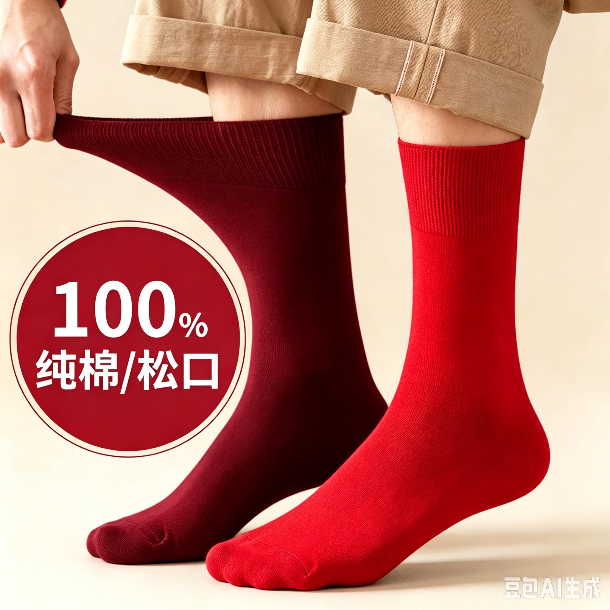 100%纯棉大红色本命年袜子加长加厚高筒男女安可拉酒红暗红中筒袜