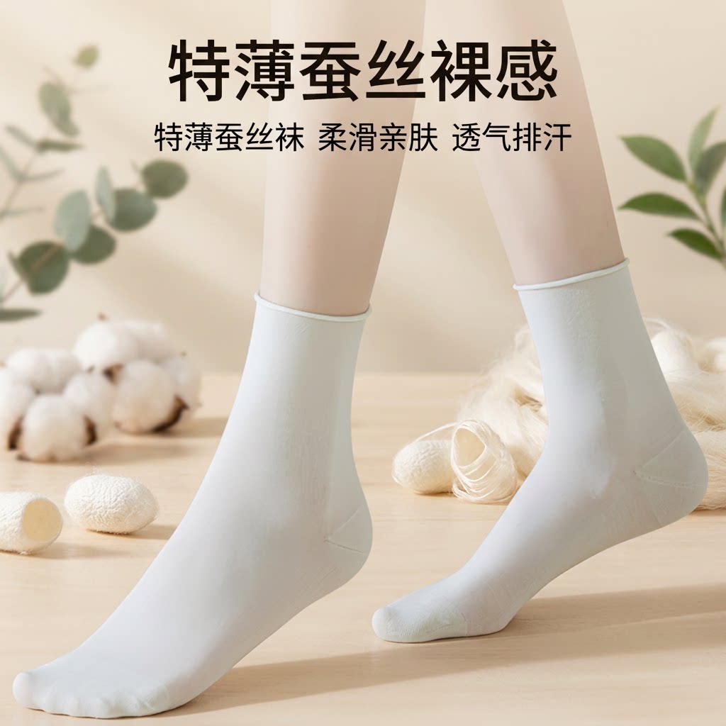 【特薄】春夏袜子女超薄款桑蚕丝中筒袜女士无骨卷边长袜夏天透气