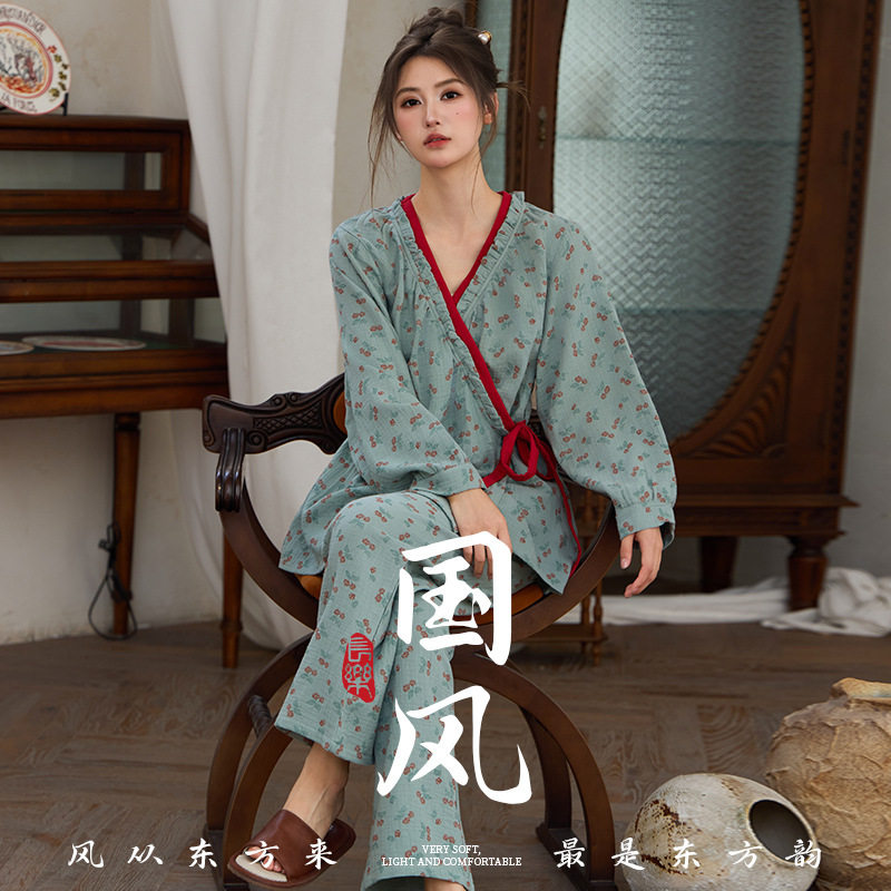 纯棉双层纱布和服睡衣女士春秋季薄款复古印花斜襟长袖长裤家居服