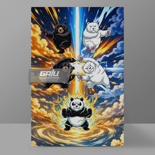 熊猫融合术装饰画黑熊北极熊墙画恶搞七龙珠融合术壁画原创挂画