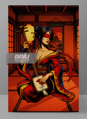 日本艺伎装饰画Geisha三味线墙画和风暖色系壁画原创高清收藏挂画