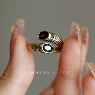 LAN·H原创新款 双头红钻复古铜金色超有质感开口戒指指环情侣饰品