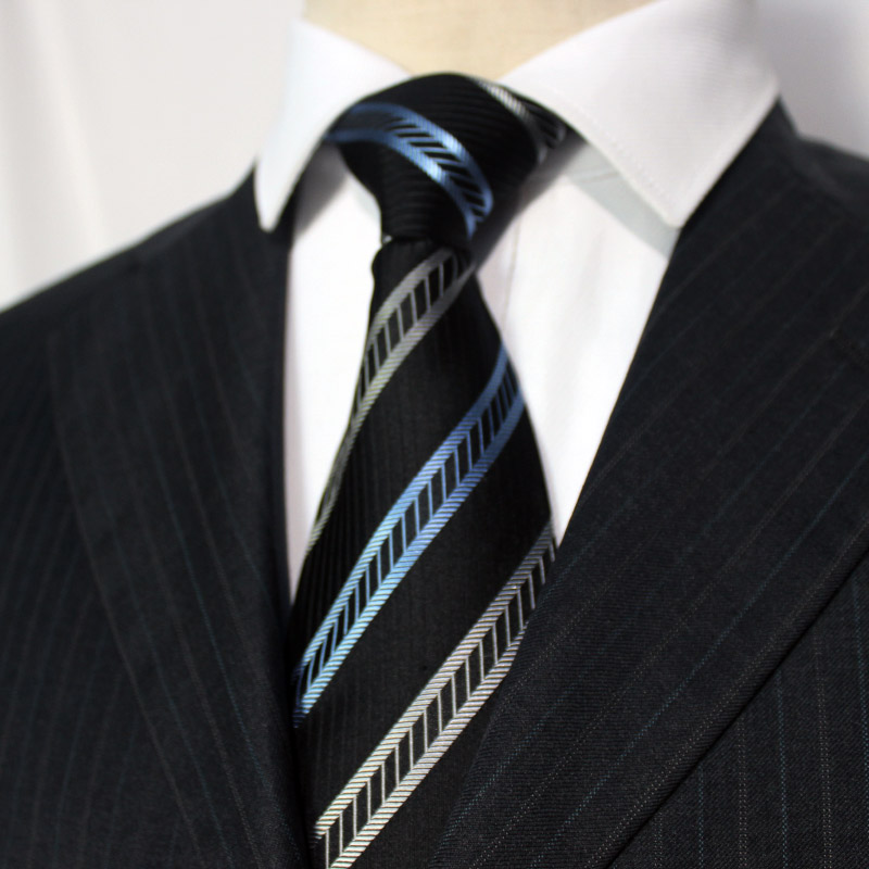 黑底白色兰色条纹真丝领带商务职业桑蚕丝领带男礼盒装J185