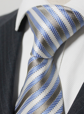 兰白灰色条纹真丝领带男正装7cm桑蚕丝休闲手打纳米领带BZ7006