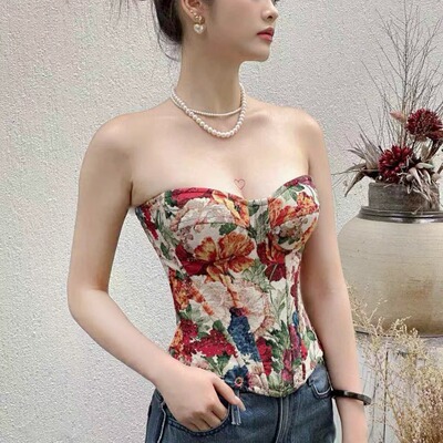 法式提花鱼骨胸衣 复古显瘦收腰束身甜美印花抹胸上衣通勤百搭